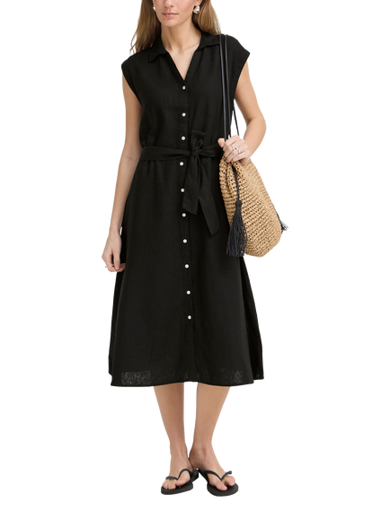 ICHI Ihlinno Linen Blend Midi Shirt Dress, Black, Black