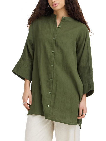 ICHI Iafoxa Mandarin Collar Longline Shirt, Grape Leaf, Grape Leaf