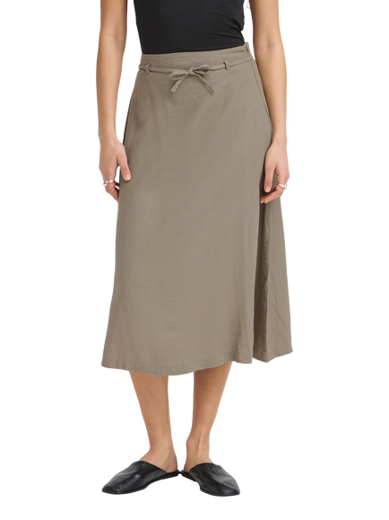 ICHI Ihlinno Linen Blend Midi Skirt, Timber Wolf