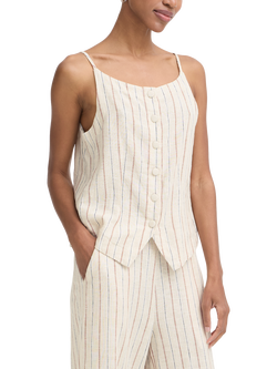 ICHI Ihlinno Linen Blend Sleeveless Stripe Top, White/Brown, White/Brown