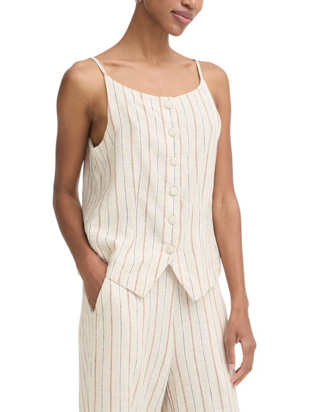 ICHI Ihlinno Linen Blend Sleeveless Stripe Top, White/Brown, White/Brown