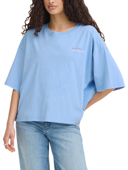 ICHI Ihnica Short Sleeve Boxy T-Shirt, Powder Blue/Fiery Red, Powder Blue/Fiery Red