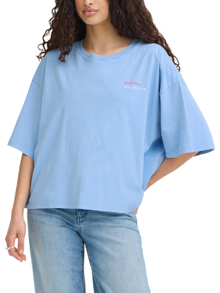 ICHI Ihnica Short Sleeve Boxy T-Shirt, Powder Blue/Fiery Red, Powder Blue/Fiery Red