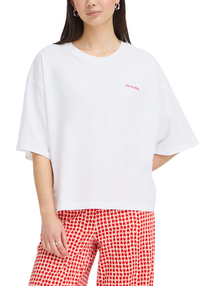 ICHI Ihnica Short Sleeve Boxy T-Shirt, Cloud Dancer/Fiery Red, Cloud Dancer/Fiery Red