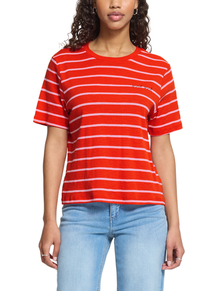 ICHI Ihnova Short Sleeve Stripe T-Shirt, Fiery Red/Wild Orchid, Fiery Red/Wild Orchid