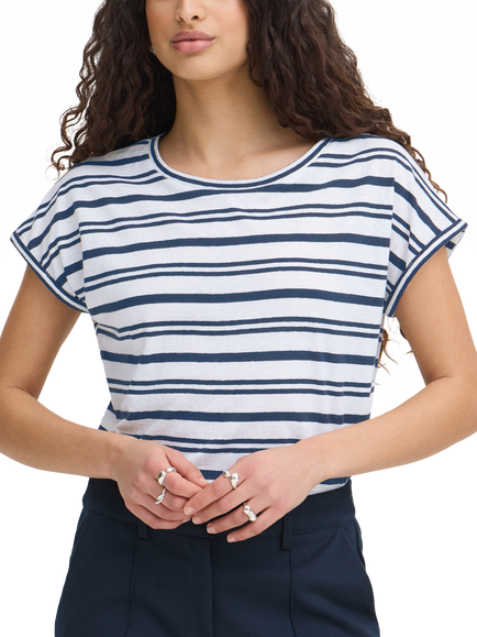 ICHI Ihyulietta Striped Relaxed Fit T-Shirt, Total Eclipse, Total Eclipse