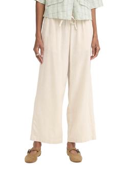 ICHI Linen Blend Tie Waist Cropped Trousers, Natural Ecru