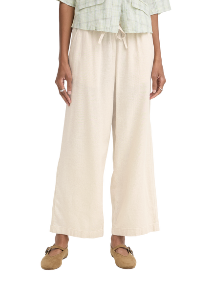 ICHI Linen Blend Tie Waist Cropped Trousers, Natural Ecru