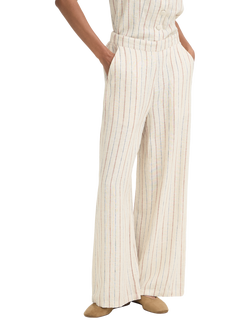 ICHI Ihlinno Linen Blend Stripe Wide Leg Trousers, Cream/Brown, Cream/Brown