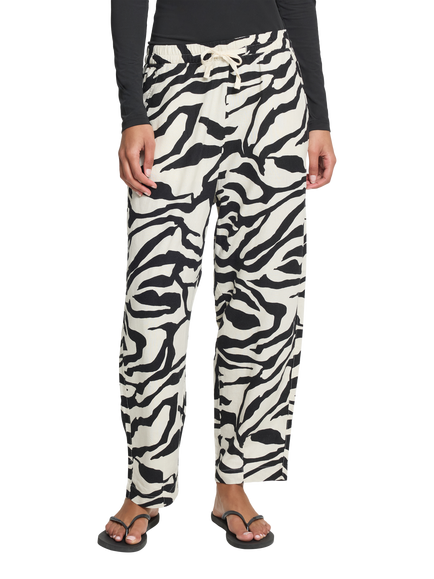ICHI Ihlinno Linen Blend Barrel Leg Trousers, White/Multi, White/Multi