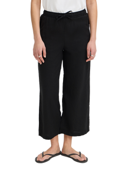 ICHI Linen Blend Tie Waist Cropped Trousers, Black