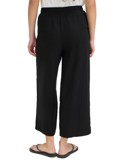 ICHI Linen Blend Tie Waist Cropped Trousers - view 2, Black
