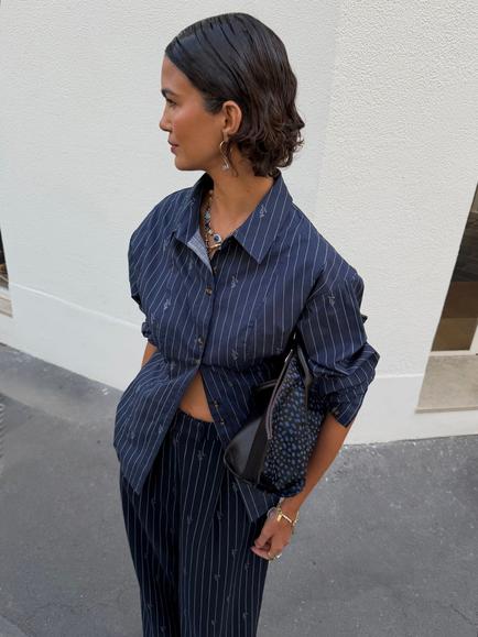 Never Fully Dressed Pinstripe Bow Shirt, Navy, Navy