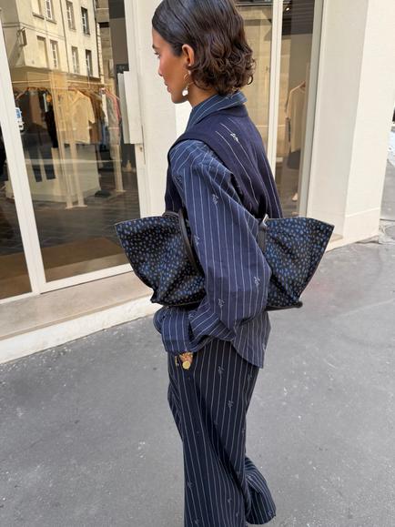 Never Fully Dressed Pinstripe Bow Shirt, Navy - view 2, Navy