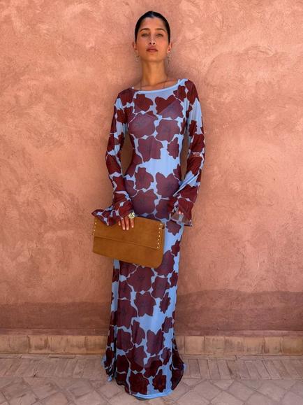 Never Fully Dressed Floral Print Drape Sleeve Mesh Maxi Dress, Burgundy/Light Blue, Burgundy/Light Blue
