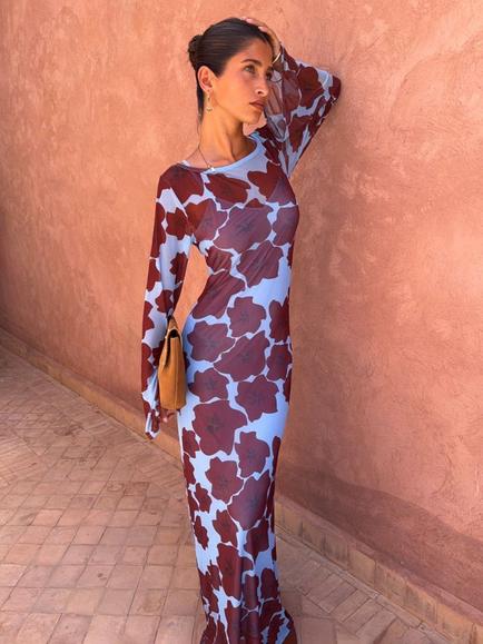 Never Fully Dressed Floral Print Drape Sleeve Mesh Maxi Dress, Burgundy/Light Blue - view 2, Burgundy/Light Blue