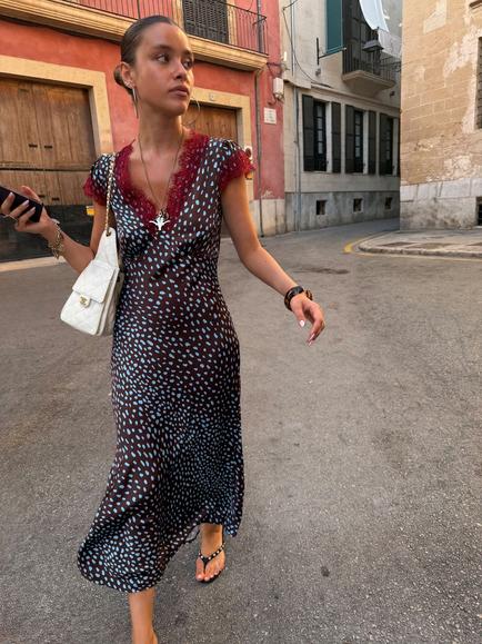 Never Fully Dressed Deer Print V-Neck Maxi Dress, Brown/Blue, Brown/Blue