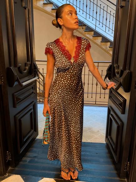 Never Fully Dressed Deer Print V-Neck Maxi Dress, Brown/Blue - view 2, Brown/Blue
