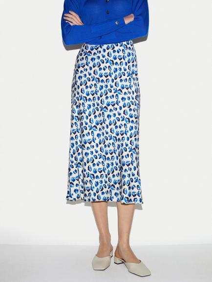 Jigsaw Ditsy Poppy Satin Skirt, Blue/Multi, Blue/Multi