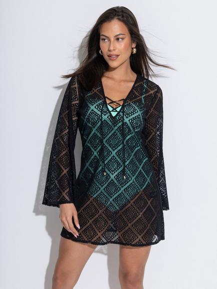 Pour Moi Crochet Lace Long Sleeve Beach Cover Up, Black