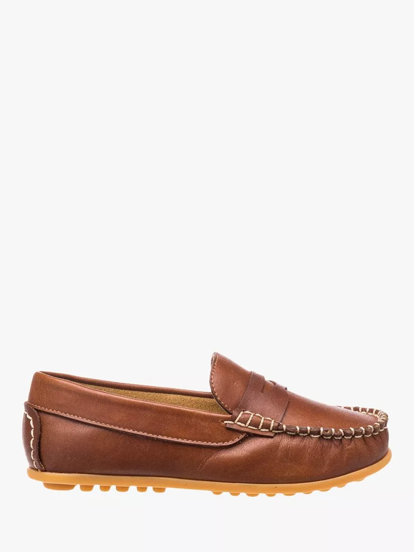 Brown leather penny loafer driving shoe with contrast stitching and rubber sole, side view on white background