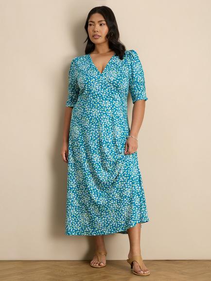 Live Unlimited Ditsy Print Jersey Ruched Sleeve Wrap Dress, Green, Green