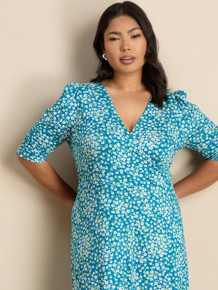 Live Unlimited Ditsy Print Jersey Ruched Sleeve Wrap Dress, Green - view 2, Green