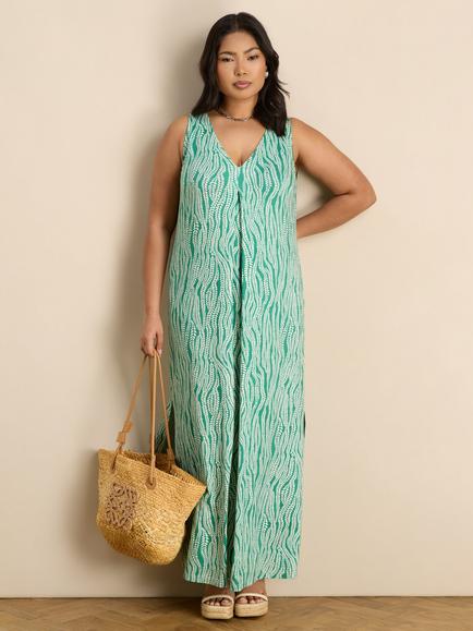 Live Unlimited Linear Leaf Print Side Split Sleeveless Maxi Dress, Green, Green