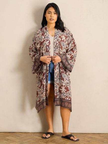 Live Unlimited Floral Print Kimono, Brown - view 2, Brown