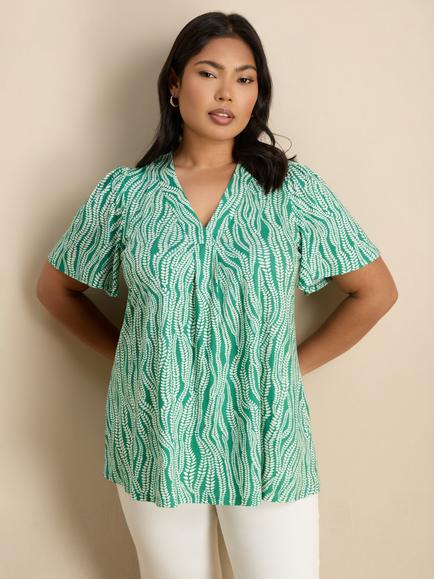 Live Unlimited Curve Linear Leaf Print Short Sleeve Jersey Top, Green, Green