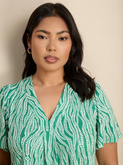 Live Unlimited Curve Linear Leaf Print Short Sleeve Jersey Top, Green - view 2, Green