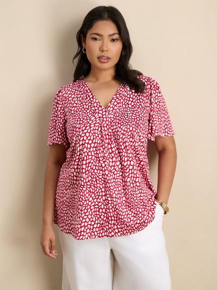 Live Unlimited Curve Petite Abstract Print Short Sleeve Jersey Top, Pink, Pink