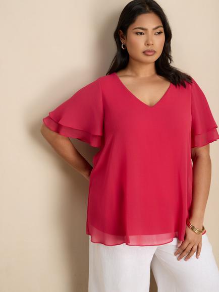 Live Unlimited Curve V-Neck Chiffon Overlay Top, Pink, Pink