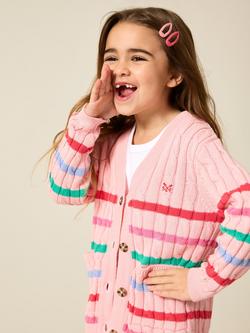 Crew Clothing Kids' Striped Cable Knit Cardigan, Light Pink, Light Pink