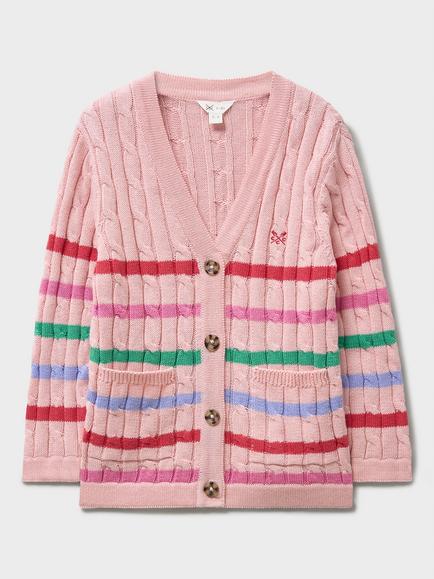 Crew Clothing Kids' Striped Cable Knit Cardigan, Light Pink - view 2, Light Pink