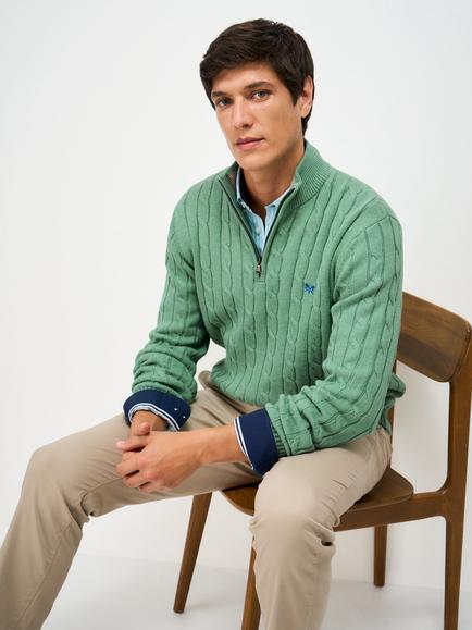Crew Clothing Half Zip Cable Knit Cotton Jumper, Light Green, Light Green