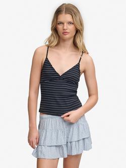 Superdry Athletic Essentials V‑Neck Waffle Cami Top, Navy Stripe, Eclipse Navy Stripe