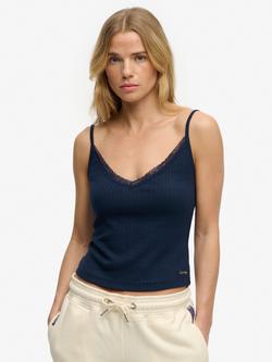 Superdry Athletic Essentials V Neck Pointelle Cami Top, Navy, Lauren Navy