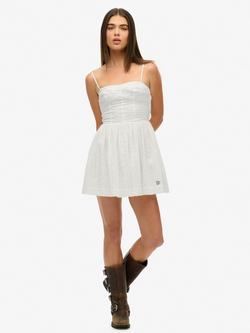 Superdry Broderie Cami Mini Dress, White, Chalk White Broderie