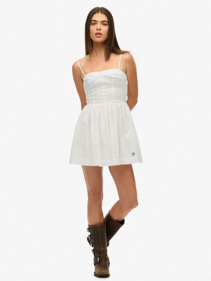 Superdry Broderie Cami Mini Dress, White, Chalk White Broderie