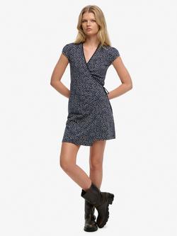 Superdry Athletic Essentials Wrap Dress, Navy Ditsy, Navy Ditsy