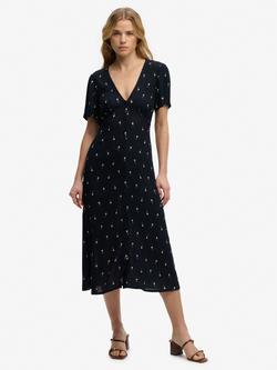Superdry Floral Button Short Sleeve Midi Tea Dress, Navy Ditsy, Navy Ditsy