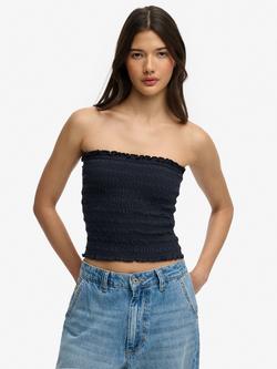 Superdry Smocked Jersey Bandeau Top, Eclipse Navy, Eclipse Navy