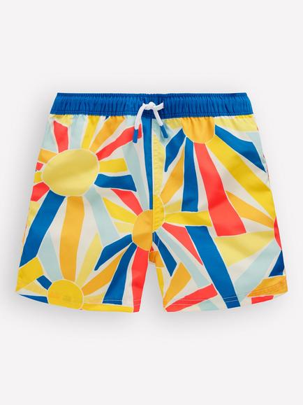 Mini Boden Kids' Printed Drawstring Swim Shorts, Sunburst, Sunburst
