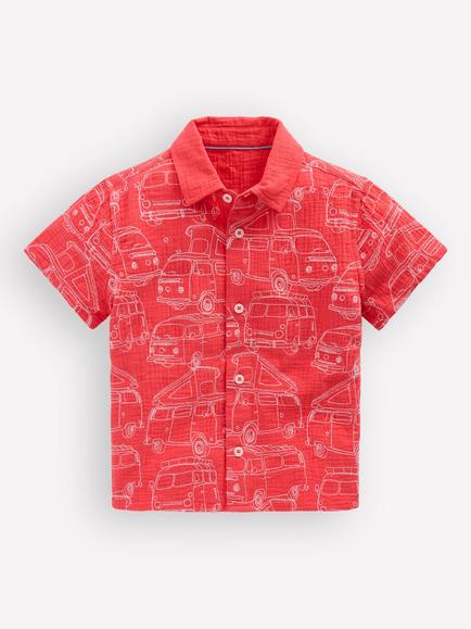 Mini Boden Kids' Short Sleeve Double Cloth Shirt, Cayenne Embroidery, Cayenne Embroidery