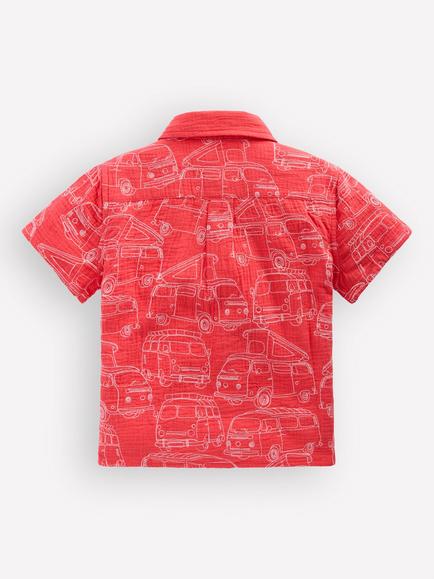 Mini Boden Kids' Short Sleeve Double Cloth Shirt, Cayenne Embroidery - view 2, Cayenne Embroidery