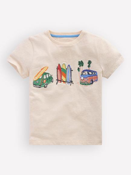 Mini Boden Kids' Linear Stitch T-Shirt, Oatmeal Marl Holiday, Oatmeal Marl Holiday