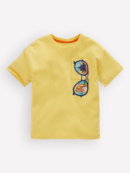 Mini Boden Kids' Short Sleeve Badge T-Shirt, Yellow Sunglasses, Yellow Sunglasses