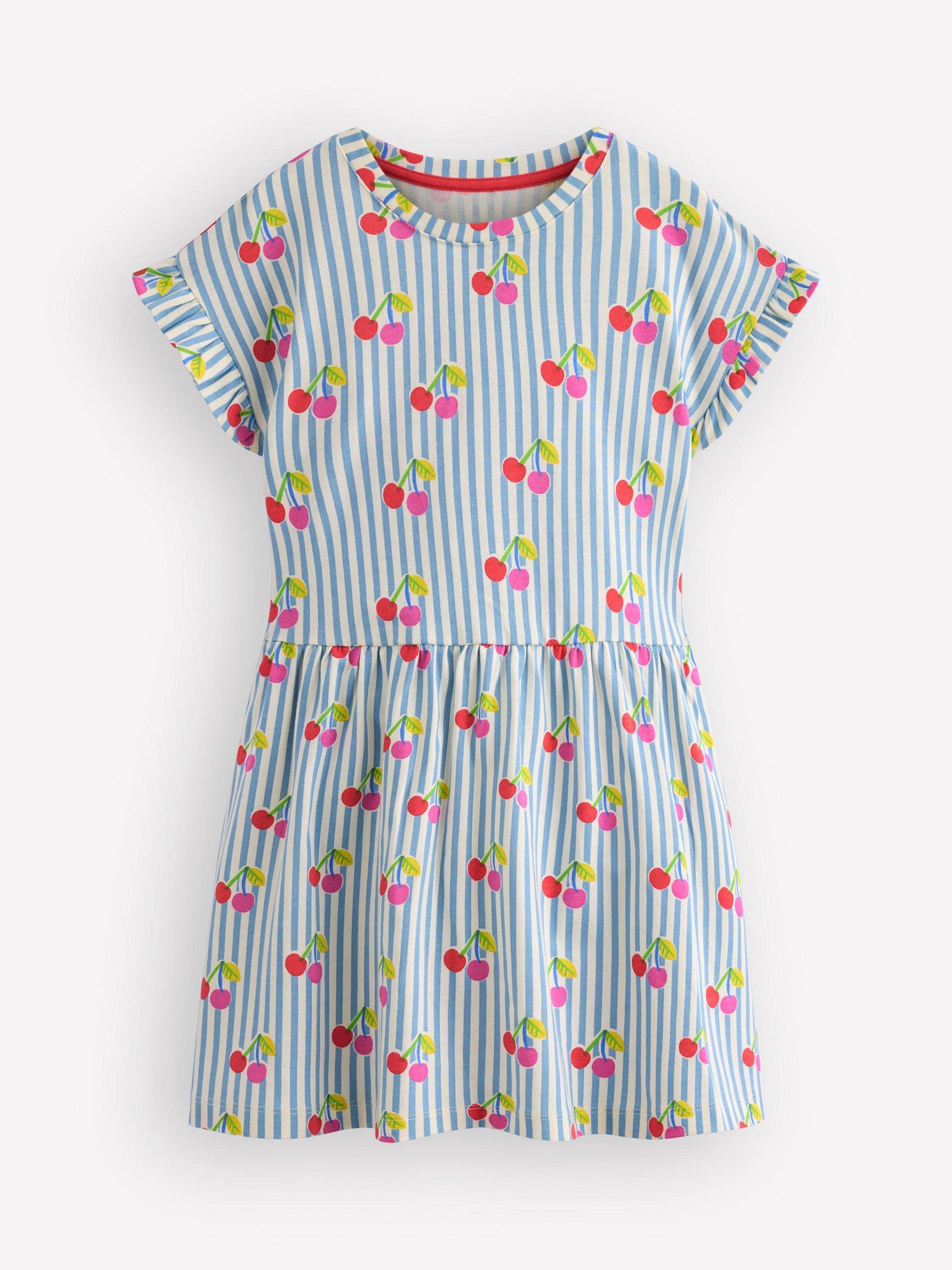 Mini Boden Kids' Short Sleeve Printed Dress, Blue Cherry Stripe