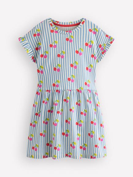 Mini Boden Kids' Short Sleeve Printed Dress, Blue Cherry Stripe, Blue Cherry Stripe